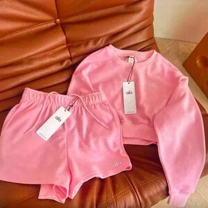 ALO Yoga Pink Cropped Sweatshirt and Elastic Waist Shorts Set